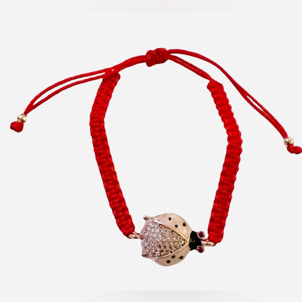Red Macrame  Pink Enamel Lady Bug And Cubic Zirconia Bracelet